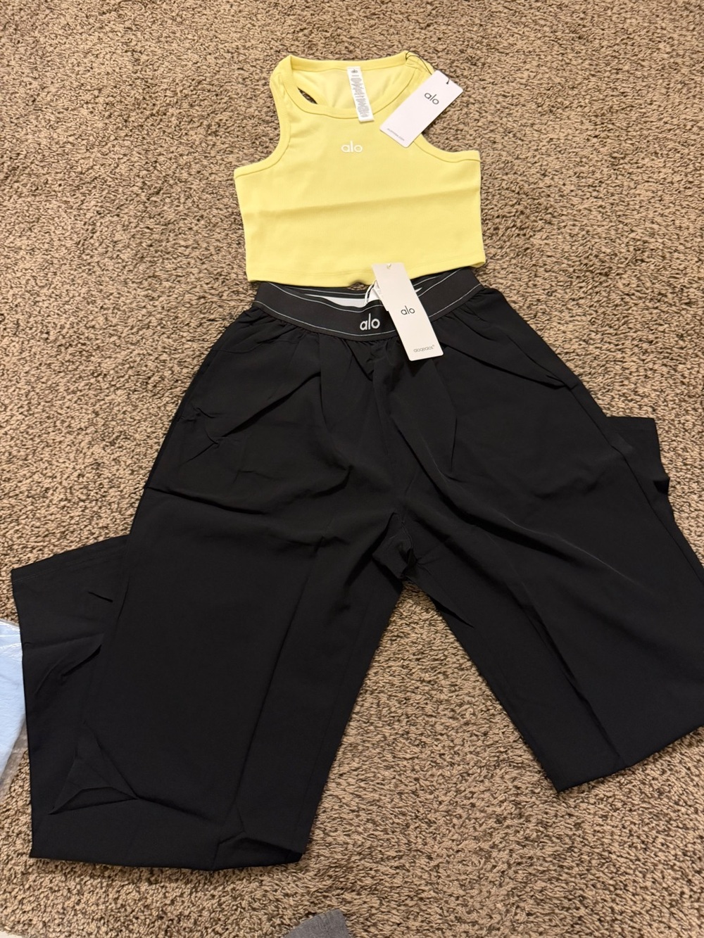 ALO Yoga Wide-Leg Pants with Black Leg and Yellow Crop Top